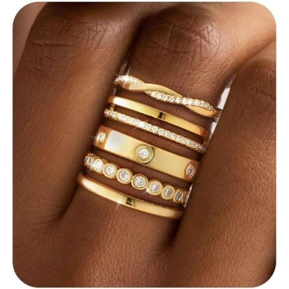 Stackable Gold Rings for Women Dainty 14K Gold Silver Plated Cubic Zirconia Band - Picture 7 of 7